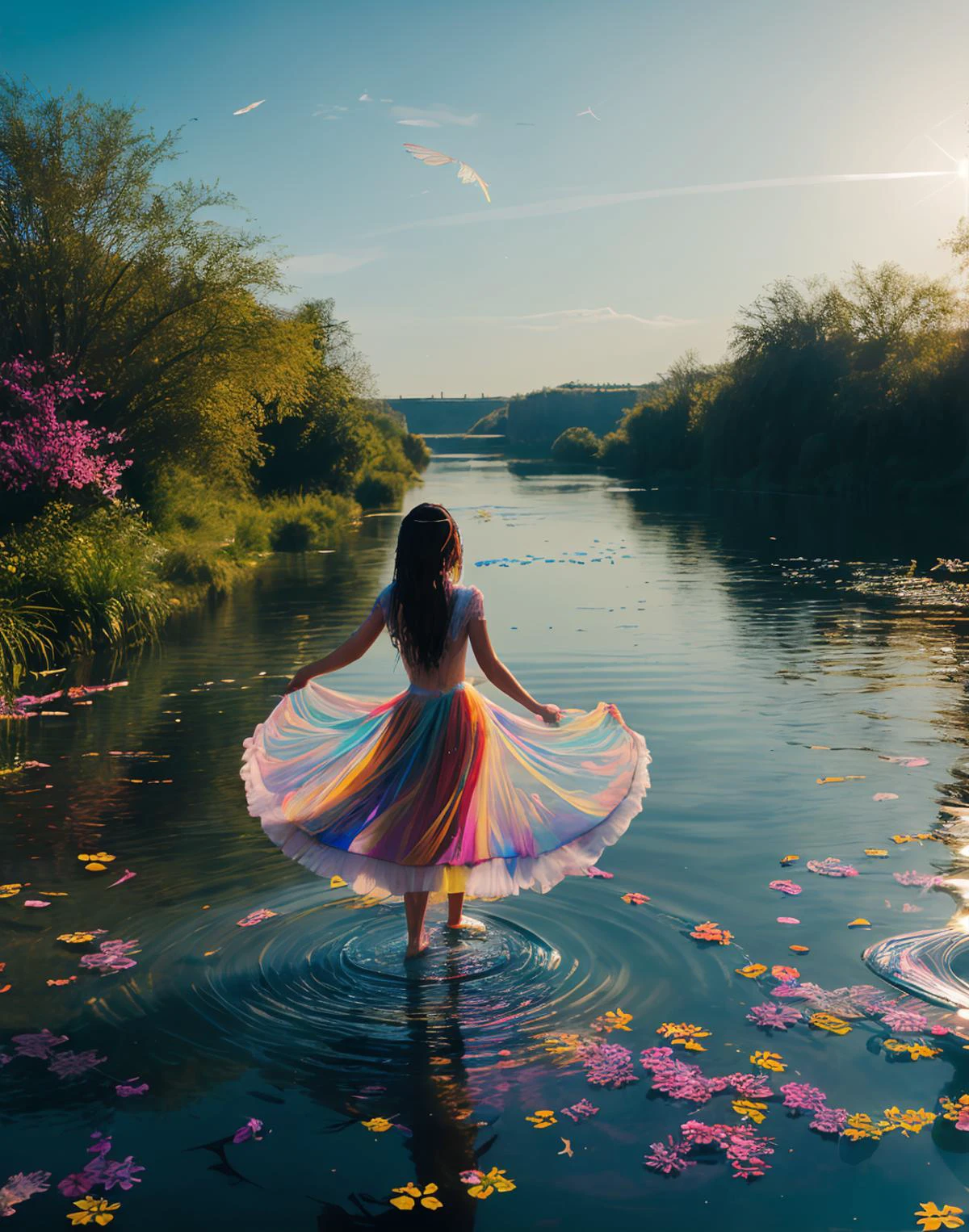 1girl, (masterpiece:1.2), best quality, multicolored, masterpiece, best quality, ((an extremely delicate and beautiful)), floating, (detailed wet clothes), (detailed light), feather, nature, (sunlight), river, floating palace, beautiful and delicate water, (bloom), (shine), colorful, dynamic vivid colors, panorama, landscape, Colorful portraits, dynamic lighting.