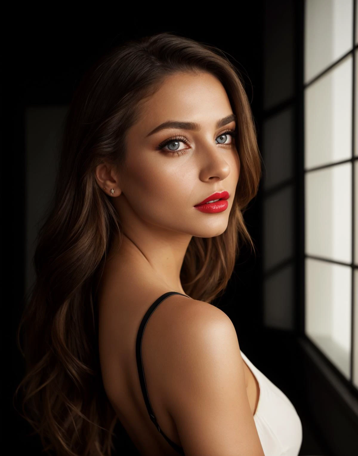 Beautiful Female, photo from from behind, looking over her shoulder, perfect eyes, highly detailed beautiful expressive eyes, detailed eyes, light makeup, light colored lipstick, gorgeous open back top, standing in a dark room, large windows in the background. High dynamic range, vivid, rich details, clear shadows and highlights, realistic, intense, enhanced contrast, highly detailed