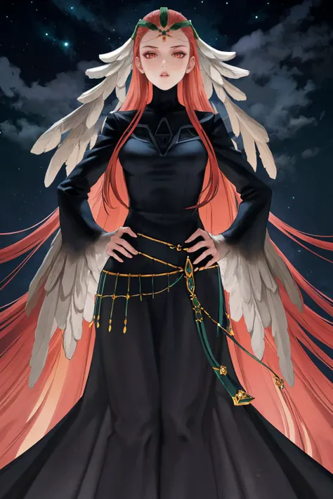 masterpiece, best quality, 1girl, solo, <lora:feashera-nvwls-v1:1> ashera, feathers, hair ornament, circlet, black dress, wide hips, looking at viewer, parted lips, hands on hips, (abstract background, cloud, dark, darkness, night sky, night:1.3)