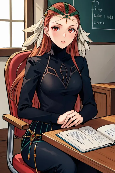 masterpiece, best quality, <lora:feashera-nvwls-v1-000010:0.9> ashera, feathers, hair ornament, circlet, black dress, sitting, desk, chair, looking at viewer, indoors
