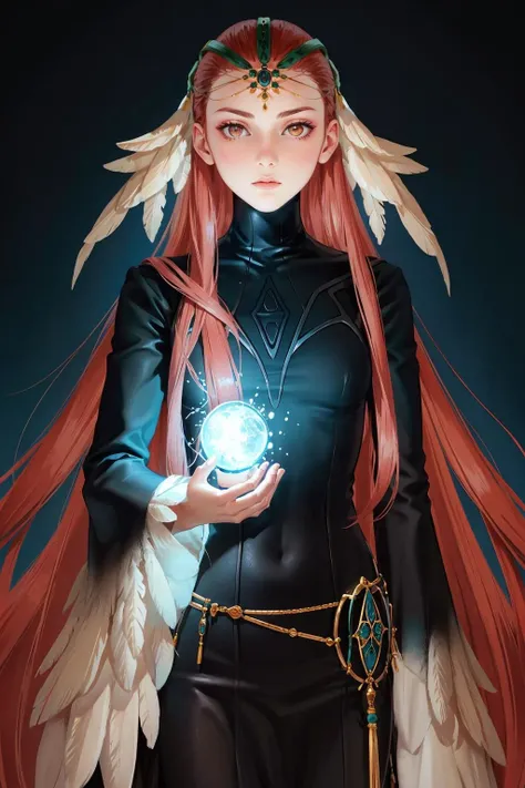 masterpiece, best quality, <lora:feashera-nvwls-v1-000010:0.9> ashera, feathers, hair ornament, circlet, black dress, standing, looking at viewer, upper body, abstract background, blue background, glowing, emotionless