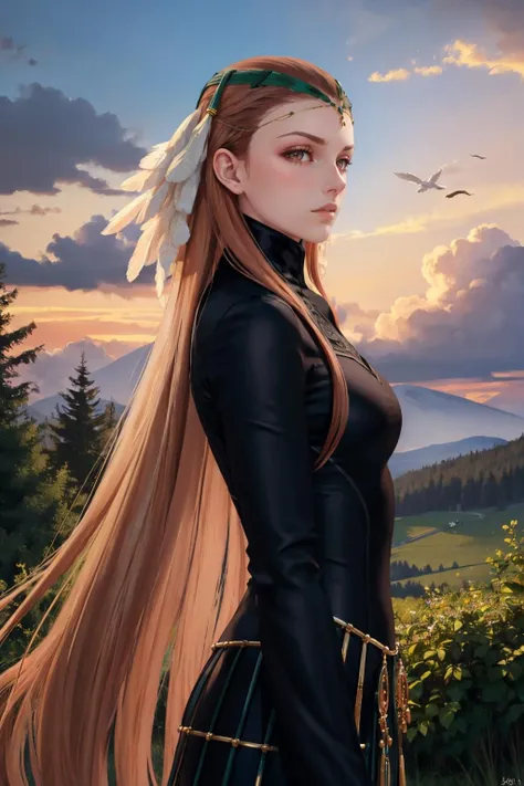 masterpiece, best quality, <lora:feashera-nvwls-v1-000010:0.9> ashera, feathers, hair ornament, circlet, black dress, from side, emotionless, looking at viewer, forest, clouds, sky, dusk, cowboy shot