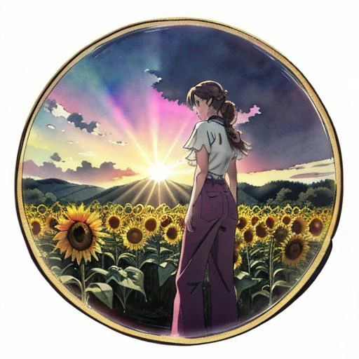 1girl, cinematic lighting, centered, (colorful), watercolor, high contrast, Draped top and wide-leg trousers, Dutch braids with baby pink highlights hairstyle, A tranquil, sunlit field of sunflowers, <lora:Colorwater_v4:0.4>, <lora:tachi-e:0.8>, (masterpiece, top quality, best quality, official art, beautiful and aesthetic:1.3), extreme detailed,highest detailed,(ultra-detailed),((an extremely delicate and beautiful)),watercolor,sketch,lineart, anime style