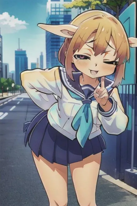 score_9, score_8_up, score_7_up, source_anime, masterpiece, 1girl, ct_shikan0k0, blue skirt, blue sailor collar, blue neckerchief, serafuku, pleated skirt, long sleeves, outdoors, city, depth of field, sunny, day, looking at viewer, hand on cheeks, leaning forward, shiny skin, one eye closed, <lora:Shikanoko_Noko_pony_v1:1> ,ng_deepnegative_v1_75t, easynegative