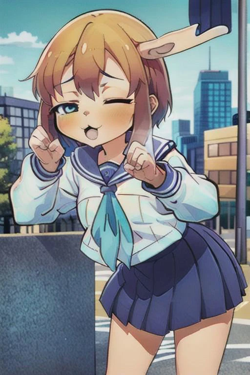 score_9, score_8_up, score_7_up, source_anime, masterpiece, 1girl, ct_shikan0k0, blue skirt, blue sailor collar, blue neckerchief, serafuku, pleated skirt, long sleeves, outdoors, city, depth of field, sunny, day, looking at viewer, hand on cheeks, leaning forward, shiny skin, one eye closed, <lora:Shikanoko_Noko_pony_v1:1> ,ng_deepnegative_v1_75t, easynegative