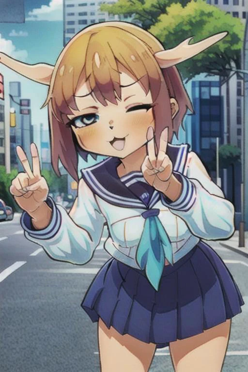 score_9, score_8_up, score_7_up, source_anime, masterpiece, 1girl, ct_shikan0k0, blue skirt, blue sailor collar, blue neckerchief, serafuku, pleated skirt, long sleeves, outdoors, city, depth of field, sunny, day, looking at viewer, hand on cheeks, leaning forward, shiny skin, one eye closed, <lora:Shikanoko_Noko_pony_v1:1> ,ng_deepnegative_v1_75t, easynegative