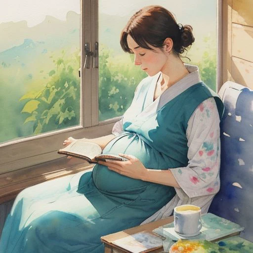 a pregnant woman reading a book, watercolor,