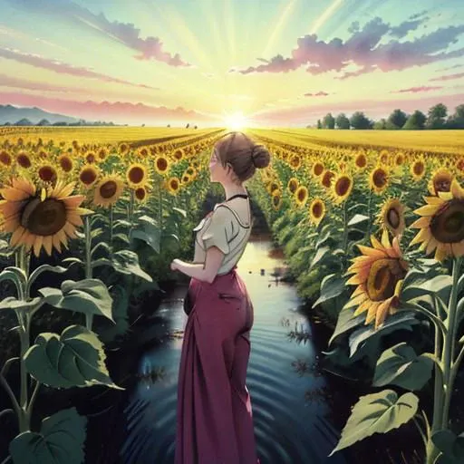 1girl, cinematic lighting, centered, (colorful), watercolor, high contrast, Draped top and wide-leg trousers, Dutch braids with baby pink highlights hairstyle, A tranquil, sunlit field of sunflowers, <lora:Colorwater_v4:0.4>, <lora:tachi-e:0.8>, (masterpiece, top quality, best quality, official art, beautiful and aesthetic:1.3), extreme detailed,highest detailed,(ultra-detailed),((an extremely delicate and beautiful)),watercolor,sketch,lineart, anime style