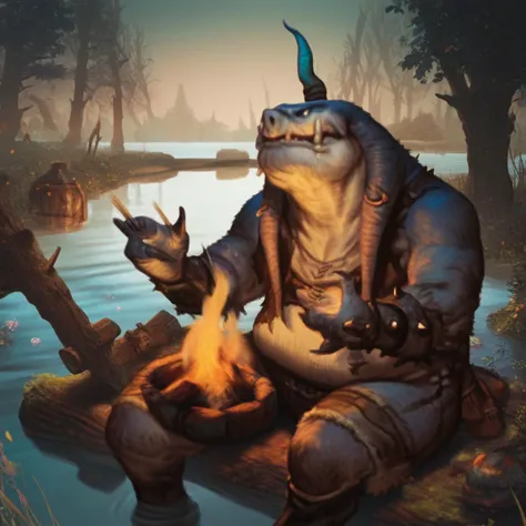 score_9, score_8_up, score_7_up, score_6_up, score_5_up, score_4_up, A seeq barbarian with blue leathery skin and torn leather garments, sitting at a campfire, telling stories of his forefathers, in a serene moonlit night in front of a lake. The scene is peaceful, with the gentle lapping of the lake waters and the crackling of the fire as the only sounds. The barbarian's expression shows reverence and passion for the tales of his ancestry.