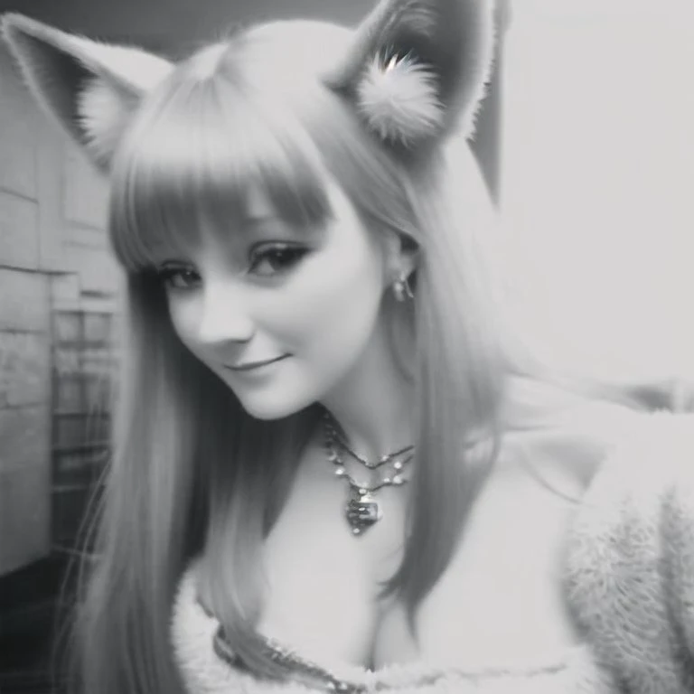 <lora:1:1.0> , old_siemens, foreground, background, overexposure,  film grain,
a female face in a center of a frame,   
+ +, 1girl, animal ear fluff, animal ears, animal hands, animal nose, bangs, blush, body fur, breasts, character name, claws, cleavage, collarbone, fang, female focus, fox ears, fox girl, furrification, furry, furry female, hair rings, happy, japanese text, jewelry, light blush, long hair, long sleeves, looking at viewer, medium breasts, monochrome, multiple views, necklace, off shoulder, open mouth, sidelocks, simple background, sketch, smile, snout, upper body, v-shaped eyebrows, white background, wide sleeves