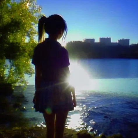<lora:1:1.0> , old_siemens, foreground, background, overexposure, film grain,
1girl, bird, black hair, clouds, day, facing away, highres, horizon, kaisoku hirosuko, light rays, long hair, low ponytail, outdoors, ponytail, reflection, ripples, sailor collar, scenery, short ponytail, skirt, sky, solo, sunbeam, sunlight, water