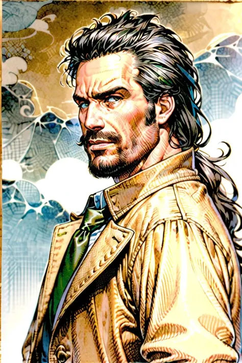 ((masterpiece)), high resolution, a man with long hair and a beard wearing a yellow shirt and a brown jacket with a green tie, 1boy, beard, facial_hair, male_focus, manly, mustache, old, old_man, yellow_shirt <lora:Serpieri:0.55>