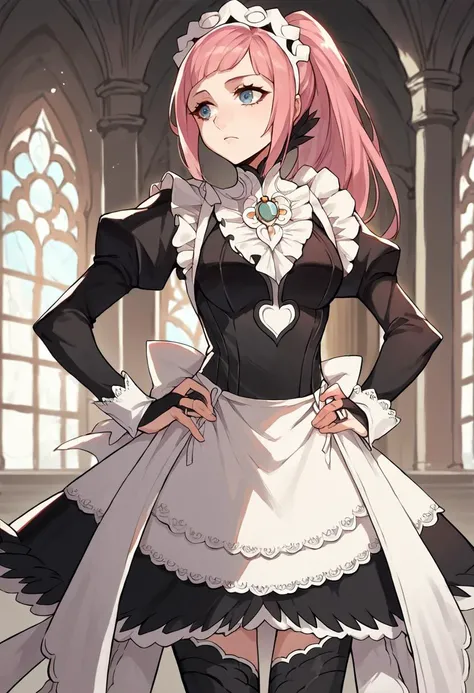 score_9, score_8_up, score_7_up, source_anime BREAK 1girl, <lora:felicia-fe-richy-v1_xl:1> feliciadef, pink hair, ponytail, blue eyes, maid headdress, maid apron, black thighhighs, bridal gauntlets, smile, looking at viewer, from behind, backless outfit, back bow, looking back, thighs, kneepits