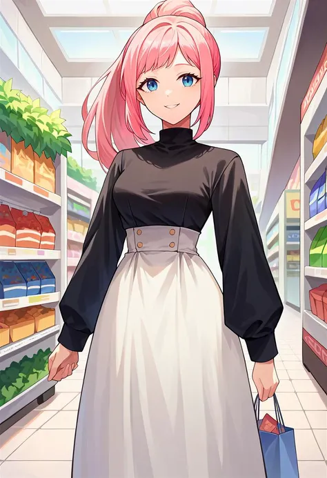 score_9, score_8_up, score_7_up, 1girl, solo, feliciarnd, pink hair, ponytail, blue eyes, high-waist skirt, long skirt, white skirt, black shirt, long sleeves, smile, standing, indoors, shopping mall, <lora:felicia-fe-richy-v1_xl:1.0>