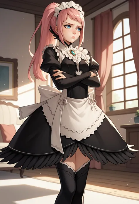 score_9, score_8_up, score_7_up, score_6_up, score_5_up, score_4_up, BREAK living room,feliciadef, pink hair, ponytail, blue eyes, maid headdress, brooch, maid apron, black thighhighs, bridal gauntlets,frown,furrowed brow,arms crossed <lora:felicia-fe-richy-v1_xl:1>