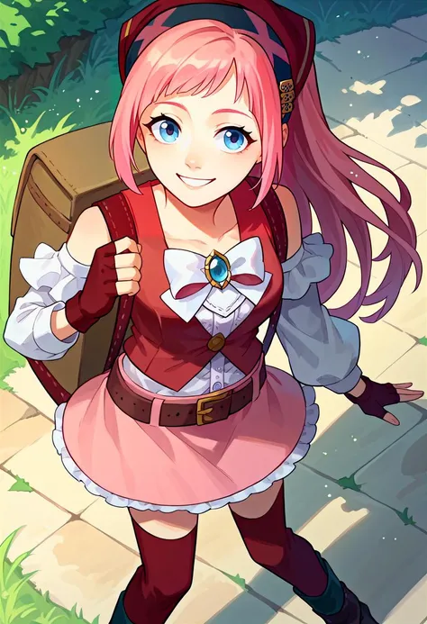 score_9, score_8_up, score_7_up, 1girl, solo, feliciapicnic, pink hair, ponytail, blue eyes, bandana, bow, sleeveless, detached sleeves, belt, skirt, red thighhighs, fingerless gloves, backpack, outdoors, wide shot, from above, wide open fields, adventure, smile, <lora:felicia-fe-richy-v1_xl:1.0>