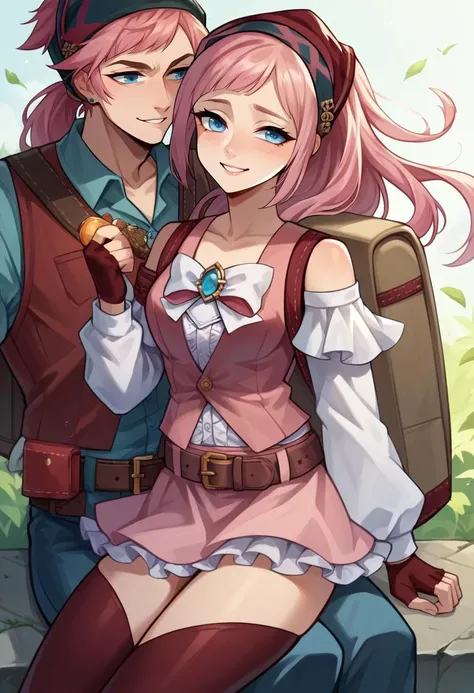 score_9, score_8_up, score_7_up, score_6_up, score_5_up, score_4_up, BREAK 1girl, reverse upright straddle , <lora:felicia-fe-richy-v1_pdxl:.95> feliciapicnic, pink hair, ponytail, blue eyes, bandana, bow, sleeveless, detached sleeves, belt, skirt, red thighhighs, fingerless gloves, backpack, feliciarnd, pink hair, ponytail, blue eyes rating_explicit, seductive smile