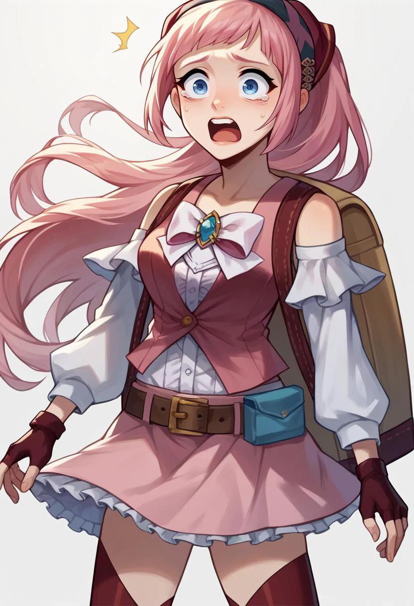 score_9, score_8_up, score_7_up, score_6_up, score_5_up, score_4_up, BREAK 1girl, <lora:felicia-fe-richy-v1_pdxl:.95> feliciapicnic, pink hair, ponytail, blue eyes, bandana, bow, sleeveless, detached sleeves, belt, skirt, red thighhighs, fingerless gloves, backpack, feliciarnd, pink hair, ponytail, blue eyes rating_questionable, scared