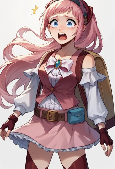 score_9, score_8_up, score_7_up, score_6_up, score_5_up, score_4_up, BREAK 1girl, <lora:felicia-fe-richy-v1_pdxl:.95> feliciapicnic, pink hair, ponytail, blue eyes, bandana, bow, sleeveless, detached sleeves, belt, skirt, red thighhighs, fingerless gloves, backpack, feliciarnd, pink hair, ponytail, blue eyes rating_questionable, scared