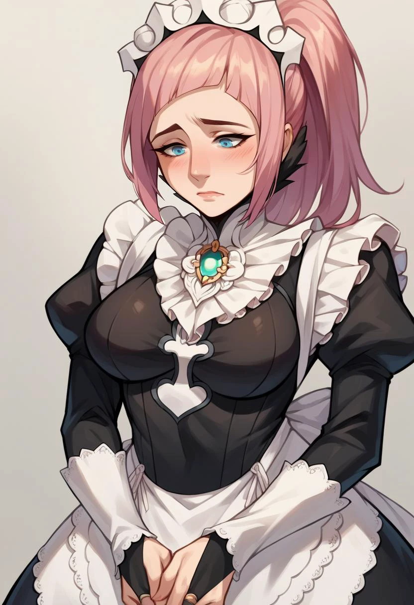 score_9, score_8_up, score_7_up, score_6_up, score_5_up, score_4_up, source_anime, BREAK mature female, implied masturbation <lora:felicia-fe-richy-v1_pdxl:.95> feliciadef, pink hair, ponytail, blue eyes, maid headdress, brooch, maid apron, black thighhighs, bridal gauntlets, rating_explicit, miserable ,