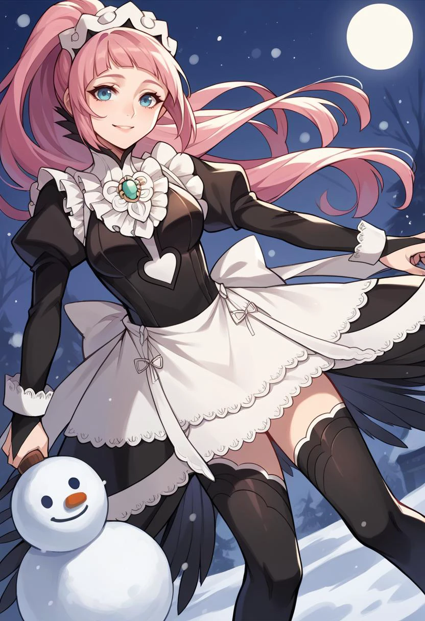 score_9, score_8_up, score_7_up, source_anime BREAK 1girl, solo, <lora:felicia-fe-richy-v1_xl:1> feliciadef, pink hair, ponytail, blue eyes, maid headdress, brooch, maid apron, black thighhighs, bridal gauntlets, snow, night, snowman, looking at viewer, smile