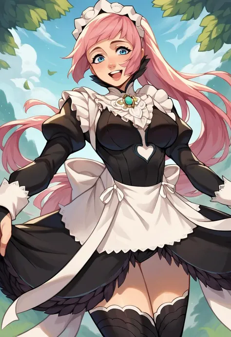score_9, score_8_up, score_7_up, score_6_up, score_5_up, score_4_up, source_anime, BREAK mature female, backjob <lora:felicia-fe-richy-v1_pdxl:.95> feliciadef, pink hair, ponytail, blue eyes, maid headdress, brooch, maid apron, black thighhighs, bridal gauntlets, rating_explicit, happy ,