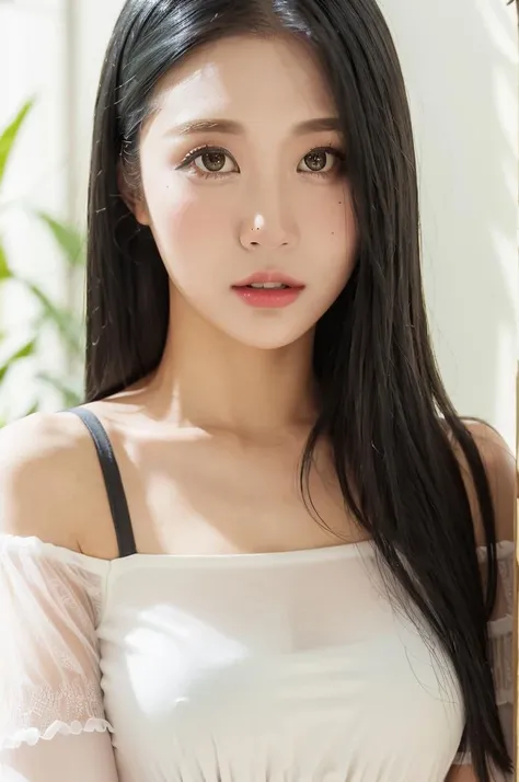 25 years old woman, bokeh, (photorealistic:1.4, realistic), highly detailed CG unified 8K wallpapers, 1girl, ((slender body:1)),  looking at viewer, (HQ skin:1.4), 8k uhd, dslr, soft lighting, high quality, film grain, Fujifilm XT3, (((upper body:1.4))), ((((white sleeves dress)))), (((indoor room , morning))),   <lora:Bomi-V1:0.7>