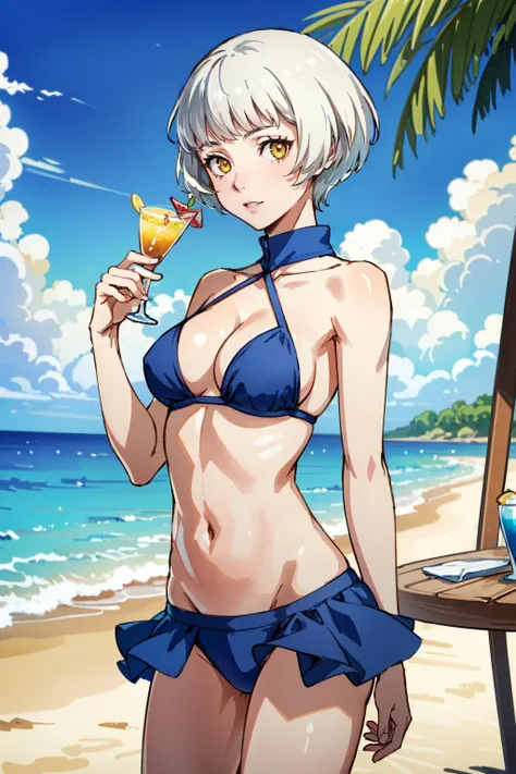 ((masterpiece, best quality))
<lora:Persona3Elizabeth:0.8>
Persona3Elizabeth, 1girl, solo, short hair, white hair, at a beachside resort, bikini, holding a colorful cocktail