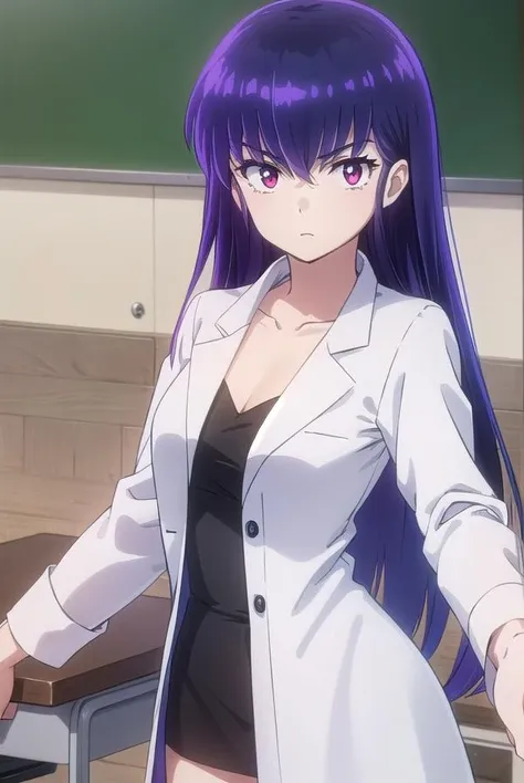 uruseiyatsurasakura, <lora:urusei yatsura sakura s1-lora-nochekaiser:1>,
sakura, long hair, purple hair, (red eyes:1.2),
BREAK labcoat, (white labcoat:1.5), collarbone, shirt, black shirt, skirt, pencil skirt, purple skirt,
BREAK indoors, classroom,
BREAK looking at viewer, (cowboy shot:1.5),
BREAK <lyco:GoodHands-beta2:1>, (masterpiece:1.2), best quality, high resolution, unity 8k wallpaper, (illustration:0.8), (beautiful detailed eyes:1.6), extremely detailed face, perfect lighting, extremely detailed CG, (perfect hands, perfect anatomy),