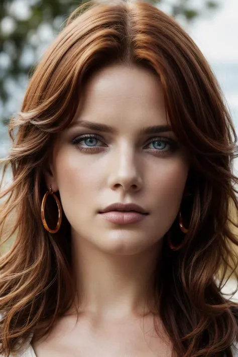 closeup portrait of a woman Kitch, blue eyes, solo, voluptuous, auburn hair, facing the camera, 32k uhd, rainbow earing, white gel nail strips, style of maximilian pirner gail simone, black and amber, celebrity portraits, wavy, intense gaze