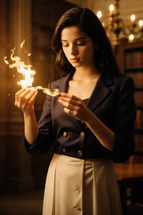 film grain,cinematic film still,Photo of a 20-year-old mysterious female magician with her hands burning in flames, old library