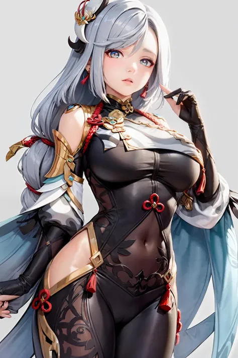 masterpiece, best quality,  <lora:shenhe:1>,1girl,shenhe \(genshin impact\), grey hair,long hair,hair ornament, blue eyes,braided ponytail,puffy sleeves,gold trim,gloves,bodysuit,large breasts,breast curtain, shoulder cutout,covered navel,hip vent,clothing cutout, tassel,grey background,