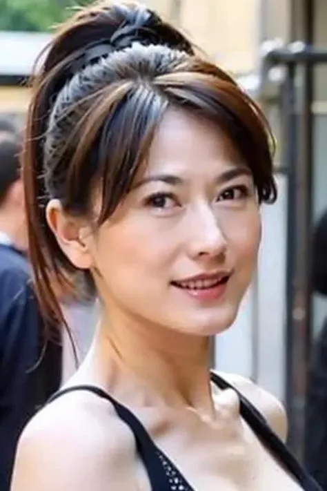 Best quality,masterpiece,ultra high res,photorealistic,1girl,slim body,japanese street alley,dynamic pose,face closeup,depth of field,smile,makeup,<lora:weiru_ge:1>,cleavage,brown hair,ponytail,