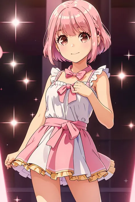 (masterpiece, best quality), 1girl, <lora:character_Akari:1> solo, 1girl, pink hair, braid, bangs, eyebrows visible through hair, short hair, brown eyes, sparkle, medium breasts,