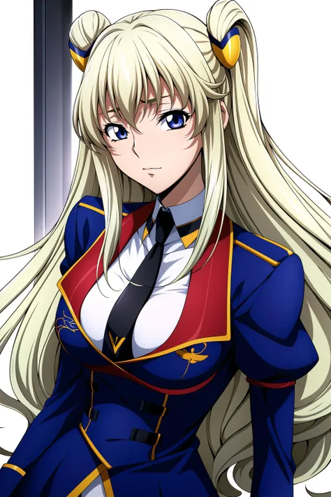 Simple White Background,
Blue jacket,long sleeves, White shirt,necktie, 
<lora:Leila_Malcal_codegeassakito-KK77-V1:0.7>,
blabluek eyes, blonde hair,bangs,Long hair,twintails, hair ornament, 
<lora:Oda_Non_Style-KK77-V2:0.3>,<lora:more_details:0.1>,
1 girl, 20yo,Young female,Beautiful long legs,Beautiful body,
Beautiful Nose,Beautiful character design, perfect eyes, perfect face,expressive eyes,perfect balance,
looking at viewer,(Focus on her face),closed mouth, (innocent_big_eyes:1.0),(Light_Smile:0.3),
official art,extremely detailed CG unity 8k wallpaper, perfect lighting,Colorful, Bright_Front_face_Lighting,White skin,
(masterpiece:1.0),(best_quality:1.0), ultra high res,4K,ultra-detailed,
photography, 8K, HDR, highres, absurdres:1.2, Kodak portra 400, film grain, blurry background, bokeh:1.2, lens flare, (vibrant_color:1.2),professional photograph,
(Beautiful,large_Breasts:1.0), (beautiful_face:1.5),(narrow_waist),