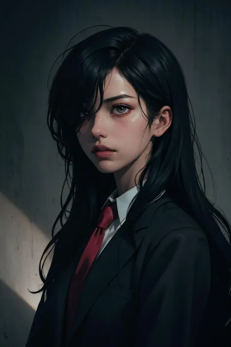 masterpiece, best quality,1 gloomy girl,blacksuit,redtie,upper body,(delicate portrait:1.2),black long hair,side bangs,messy hair,(covered single eye:1.1),dramatic shade,cinematic light,rim light,top light,