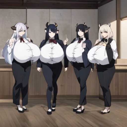 3girls, gigantic breasts, cow horns, cow tail