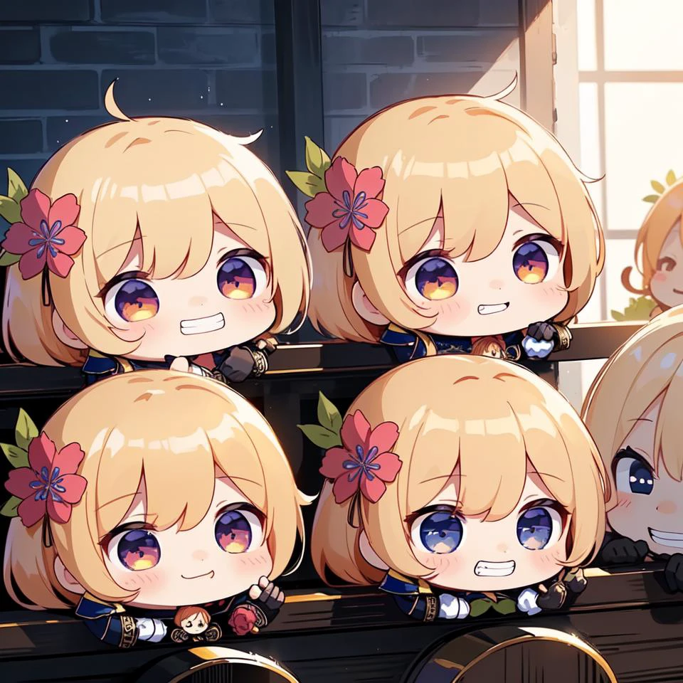 8k,extreme cg,
(group picture, multiple chibi, 6+chibi, line up:1.2), gloves, grin, ultra detail face and eyes,
intricate detail flower garden background,
warm lighting, soft lighting,
chibi focus,