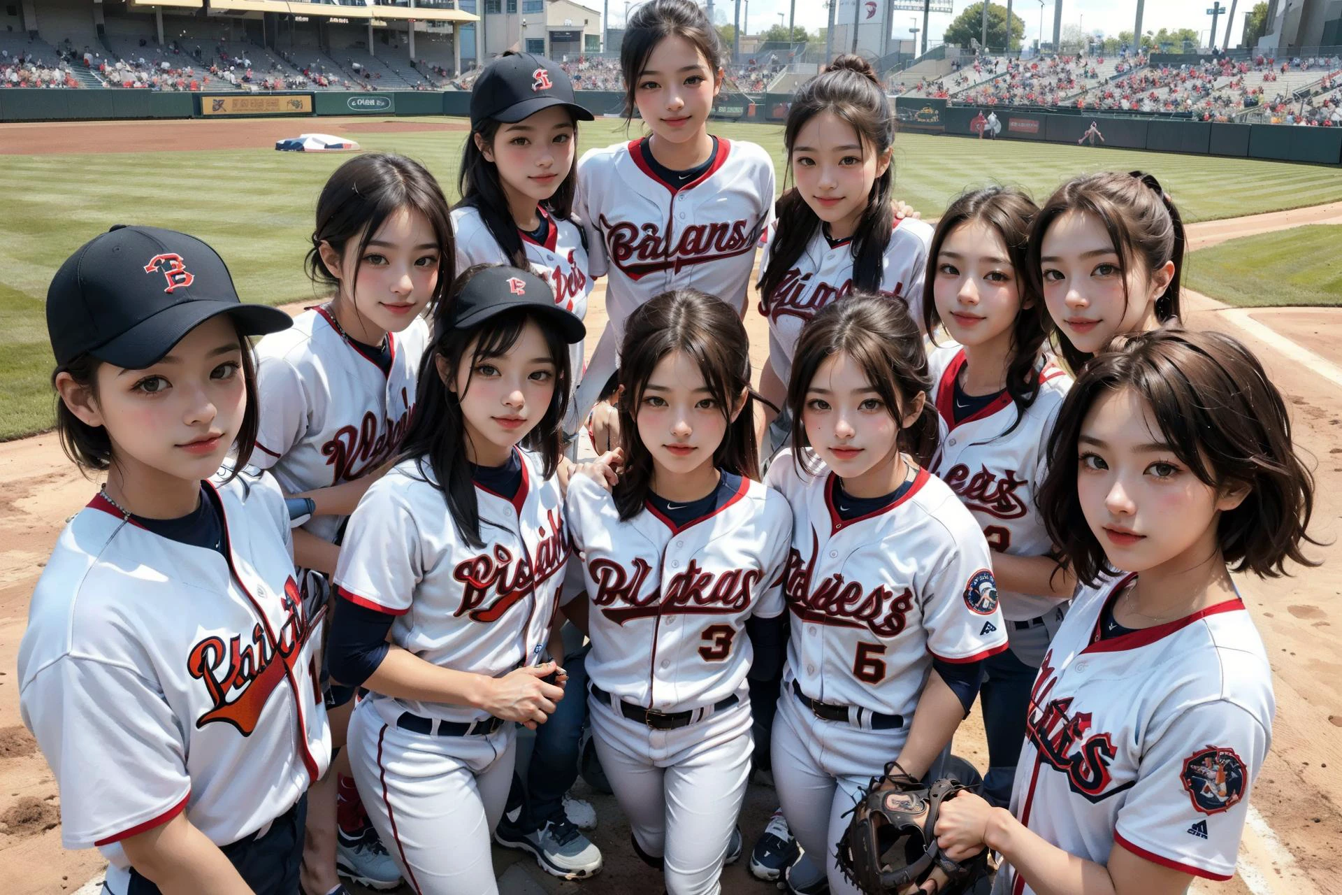 1boy at center, multiple girls, halem, group photo, 6+girls, looking at viewer, masterpiece, high quality <lora:MultipleGirlsGroup:1>, baseball cosplay, baseball stadium, baseball uniform, detailed uniform, look at viewer, detailed realistic background, diffused natural sunlight, summer