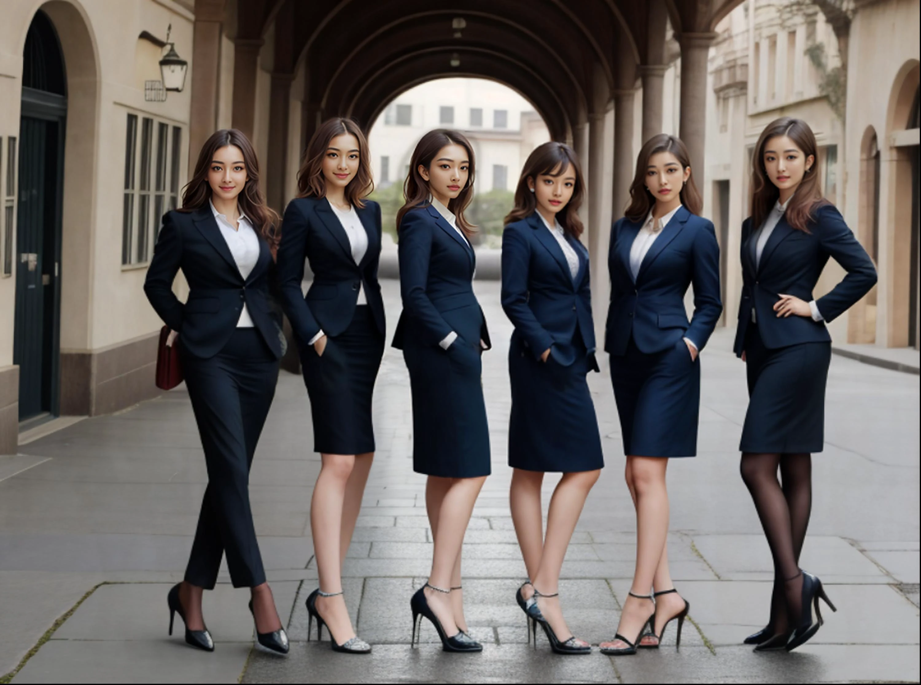 Business ladies, standing,multiple girls,6+girls,looking backward,high heels ,(masterpiece, high quality:1.2), muted colors, <lyco:MultipleGirlsGroup:1.0>, <lora:GirlfriendMix_v1_v1.0:1> <lora:epi_noiseoffset2:1>,rim lighting, two tone lighting, dimly lit, low key