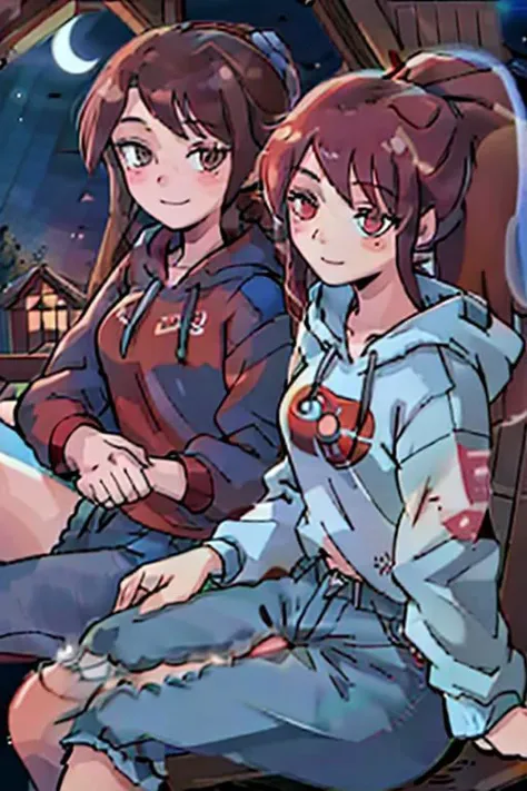 cabin porch, 2 girls, sitting
curly red hair, red eyes, red sweater, blue jeans, smile, woman, wink, playing piano.
soft brown hair, blue eyes, ponytail, blue jeans, blue hoodie, woman, smile, playing guitar.
looking at the night sky