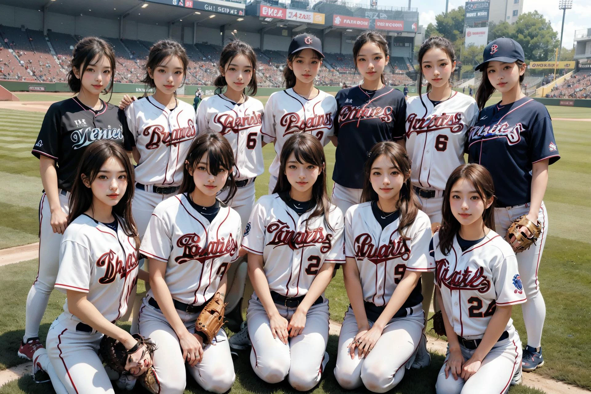 multiple girls, halem, group photo, 6+girls, looking at viewer, masterpiece, high quality <lora:MultipleGirlsGroup:1>, baseball cosplay, baseball stadium, baseball uniform, detailed uniform, look at viewer, detailed realistic background, diffused natural sunlight, summer,