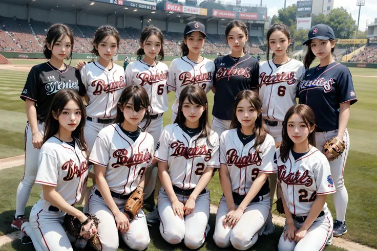 multiple girls, halem, group photo, 6+girls, looking at viewer, masterpiece, high quality <lora:MultipleGirlsGroup:1>, baseball cosplay,  baseball stadium, baseball uniform, detailed uniform, look at viewer, detailed realistic background, diffused natural sunlight, summer,