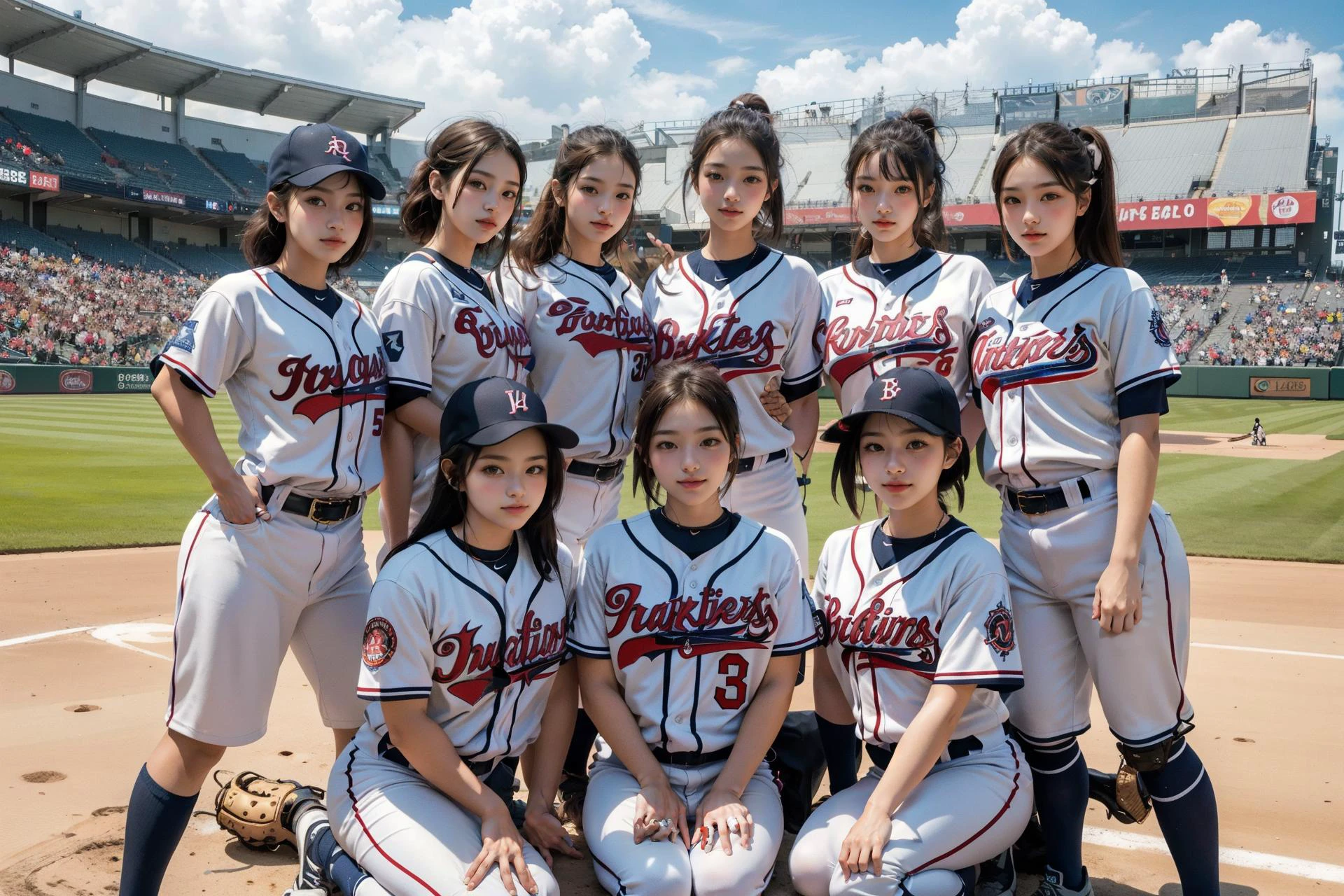 1boy at center, multiple girls, halem, group photo, 6+girls, looking at viewer, masterpiece, high quality <lora:MultipleGirlsGroup:1>, baseball cosplay, baseball stadium, baseball uniform, detailed uniform, look at viewer, detailed realistic background, diffused natural sunlight, summer
