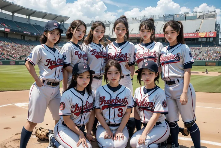 1boy at center, multiple girls, halem, group photo, 6+girls, looking at viewer, masterpiece, high quality <lora:MultipleGirlsGroup:1>, baseball cosplay,  baseball stadium, baseball uniform, detailed uniform, look at viewer, detailed realistic background, diffused natural sunlight, summer