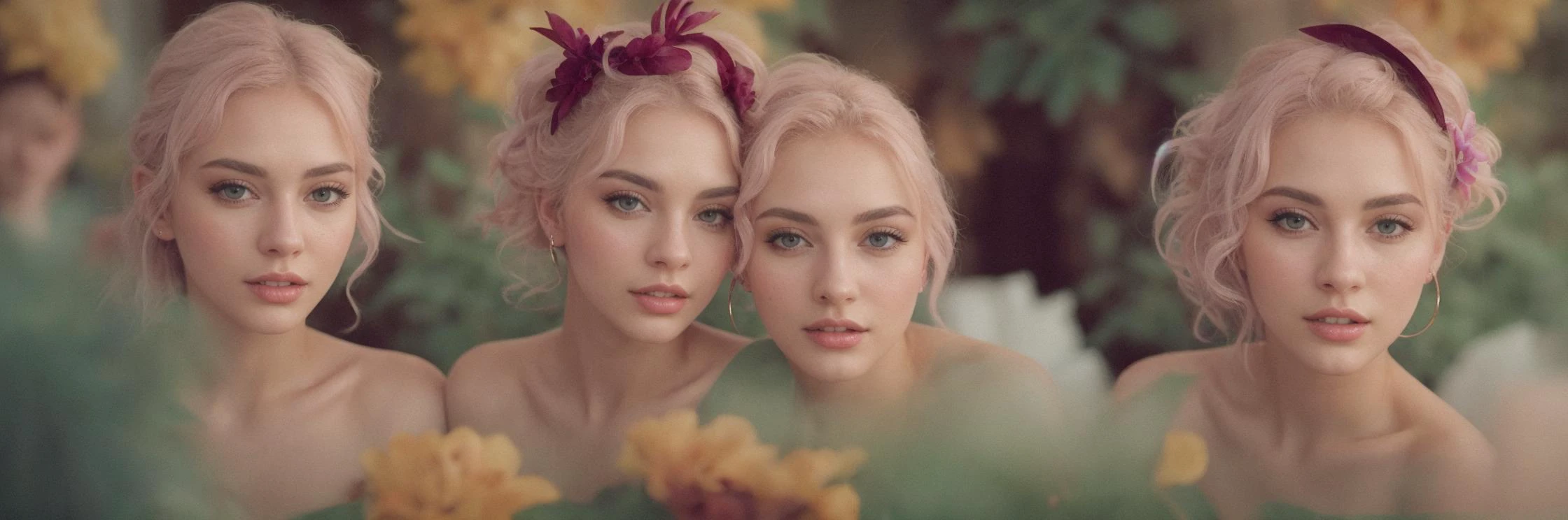 analog , multiples cute spunky female lookking at viewer (nude), , pale Wild orchid hair, frills, detailed skin, perfect face, perfect lips , laying on bed , fashion photography, photo realistic, 20 megapixel, canon eos r3, , detailed skin, detailed, detailed face, ((full body intricate, vibrant, photo realistic, realistic, dramatic, sharp focus, 8k)) , harem , <lora:MultipleGirlsGroup:0.7>