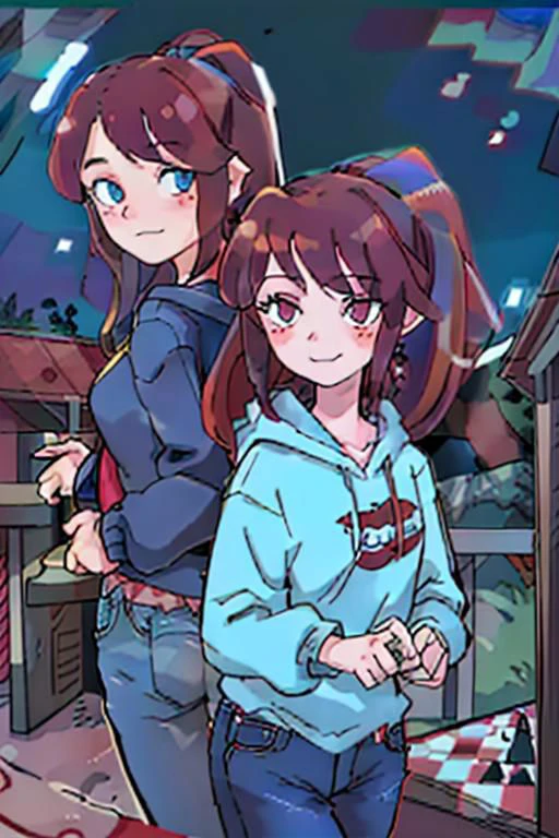 cabin porch, 2 girls, standing, playing chess
curly red hair, red eyes, red sweater, blue jeans, smile, woman, wink
soft brown hair, blue eyes, ponytail, blue jeans, blue hoodie, woman, smile,
looking at the night sky