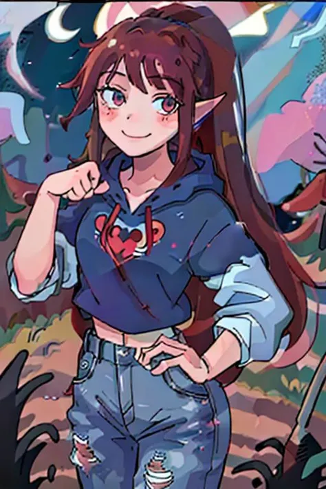 Forest, 2 girls, standing
curly red hair, red eyes, red sweater, blue jeans, hands on hips, head tilt, smile, woman, wink
one arm hug
soft brown hair, blue eyes, ponytail, blue jeans, blue hoodie, woman, smile, hands behind head
looking at the night sky