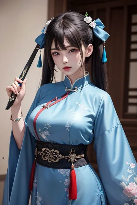 <lora:sword_and_fairy_zhaolinger_v1.0:7> (masterpiece), best quality, zhaolinger , twintails, black hair, hair ornament, blue ribbons, (detailed eyes), (beautiful eyes), 1girl, solo, (blue white dress), jewelry, bracelet, hanfu, zhaolinger \(sword and fairy\), ((chinese clothes)), Unreal Engine