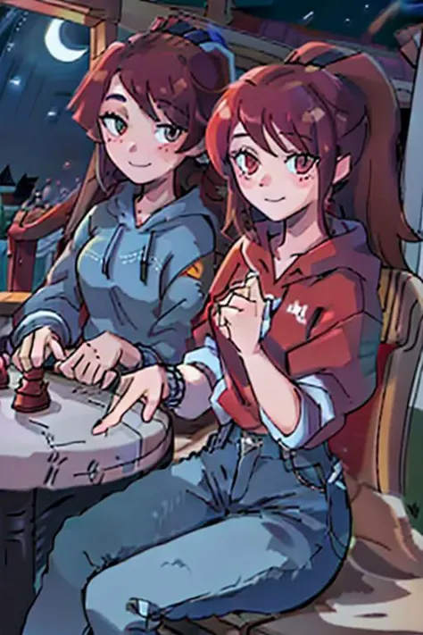 cabin porch, 2 girls, sitting at table playing chess
curly red hair, red eyes, red sweater, blue jeans, smile, woman, wink
soft brown hair, blue eyes, ponytail, blue jeans, blue hoodie, woman, smile,
looking at the night sky